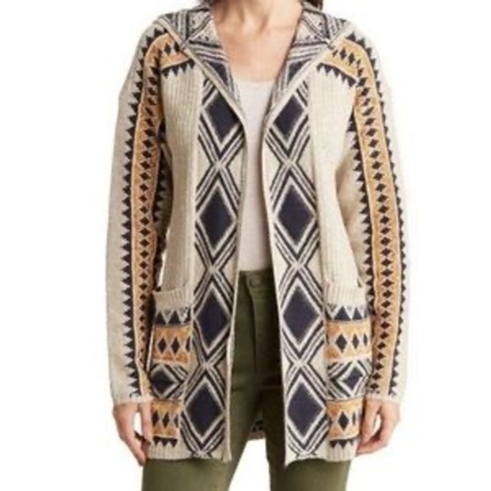 Lucky Brand Open Front Hooded Cardigan Aztec Print Small S/P Sweater Knit Boho